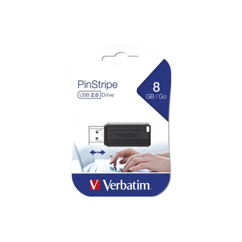 Verbatim 8GB, USB 2.0, 10/4MB/sec. PinStripe, fekete