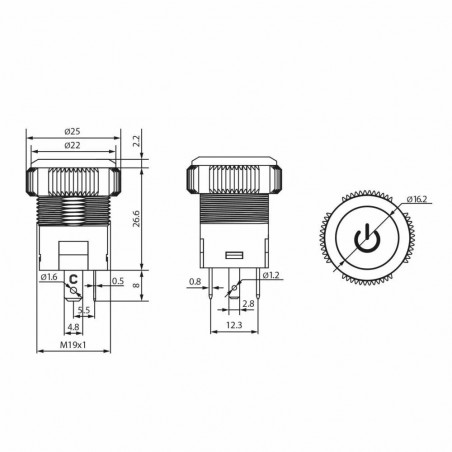 Nyomógomb (OFF-(ON))-Piros LED - 20A, 12V, IP67