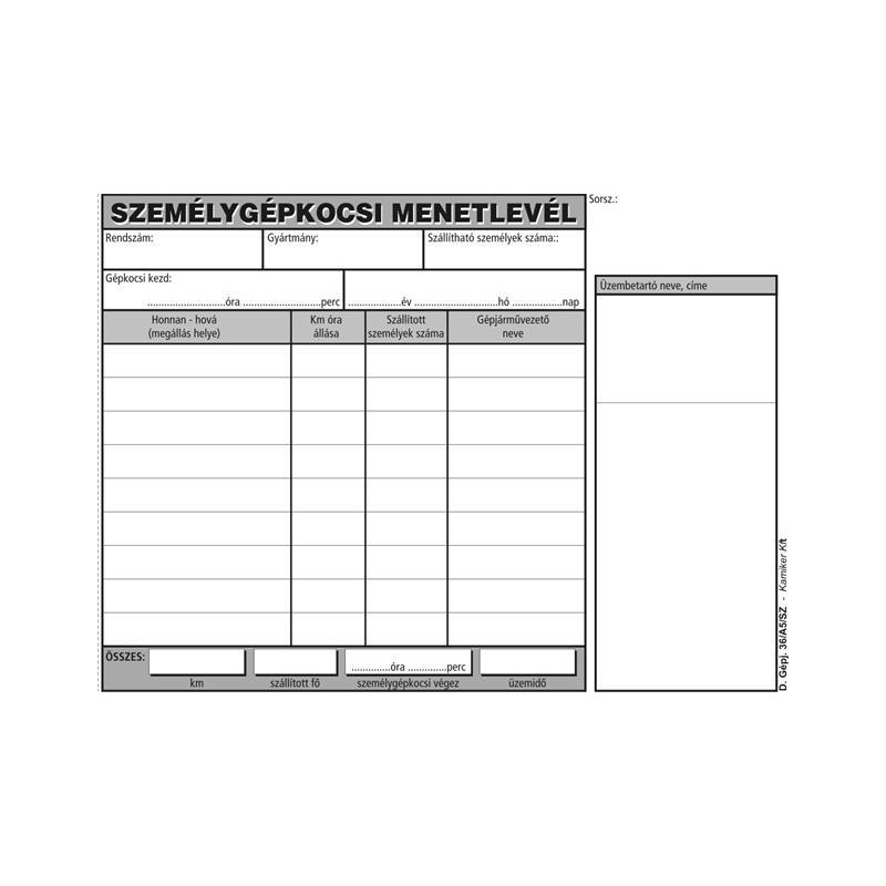 Menetlevél, személygépkocsi, A5 fekvõ, Victoria